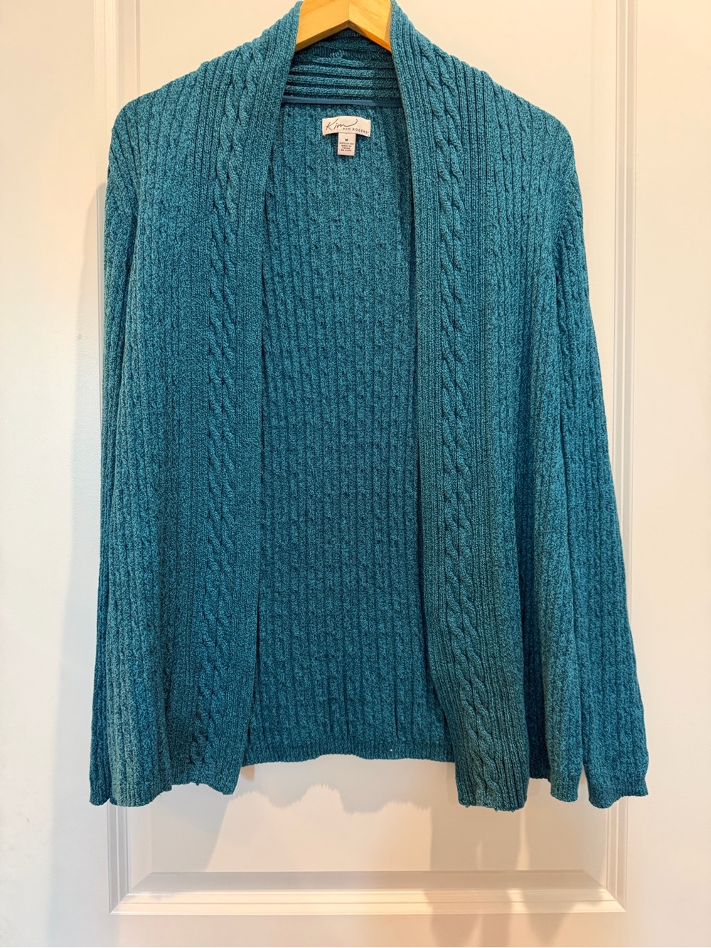 Kim‎ Rogers 100% Cotton Cable Knit Open Cardigan Sweater Teal Blue Medium